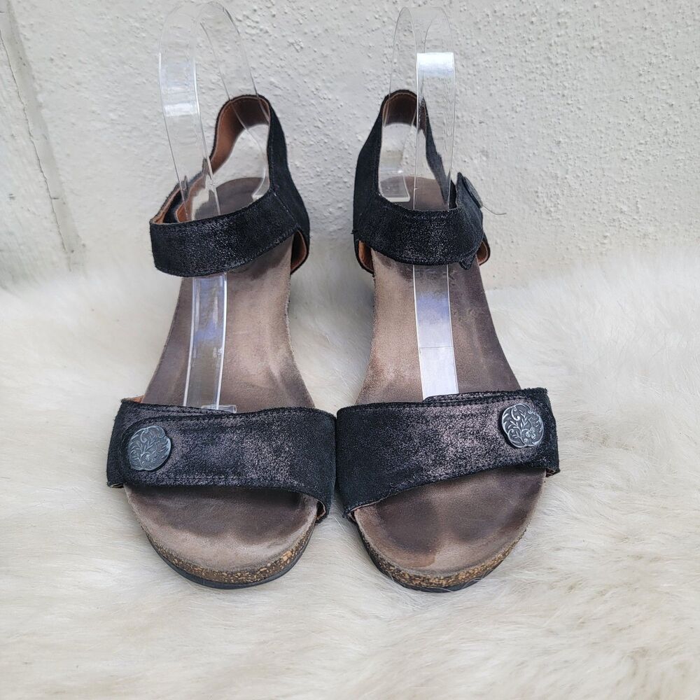 Taos Festival Leather Ankle Strap Wedge Sandals Black Metallic Size 40 US 9- 9.5